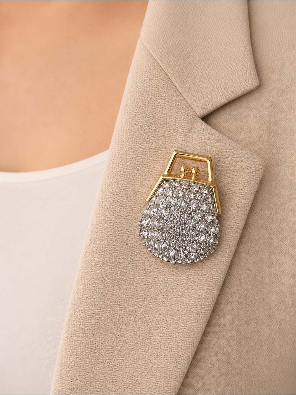 D’orlan Paris Gold-Tone Crystal Pavé Purse Brooch in Silver